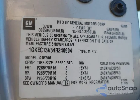 2004 GMC Yukon Sle z USA, uszkodzony, nr VIN 1GKEC13V34R240904